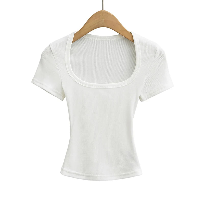 Summer square neck high elasticity crop top women's short sleeved sexy top slim fit pullover base shirt - Matrix-studios.com
