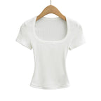 Summer square neck high elasticity crop top women's short sleeved sexy top slim fit pullover base shirt - Matrix-studios.com