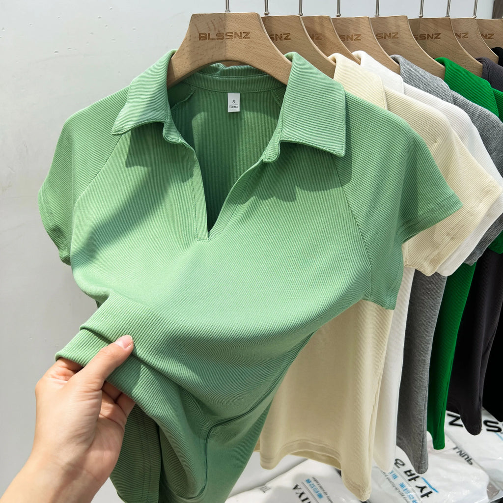 Niche Design Slim Fit Short Sleeve Women T-Shirt 2026 Summer New Arrival V-Neck Polo Shirt Unique Elegant Top Korean Solid Tee - Matrix-studios.com