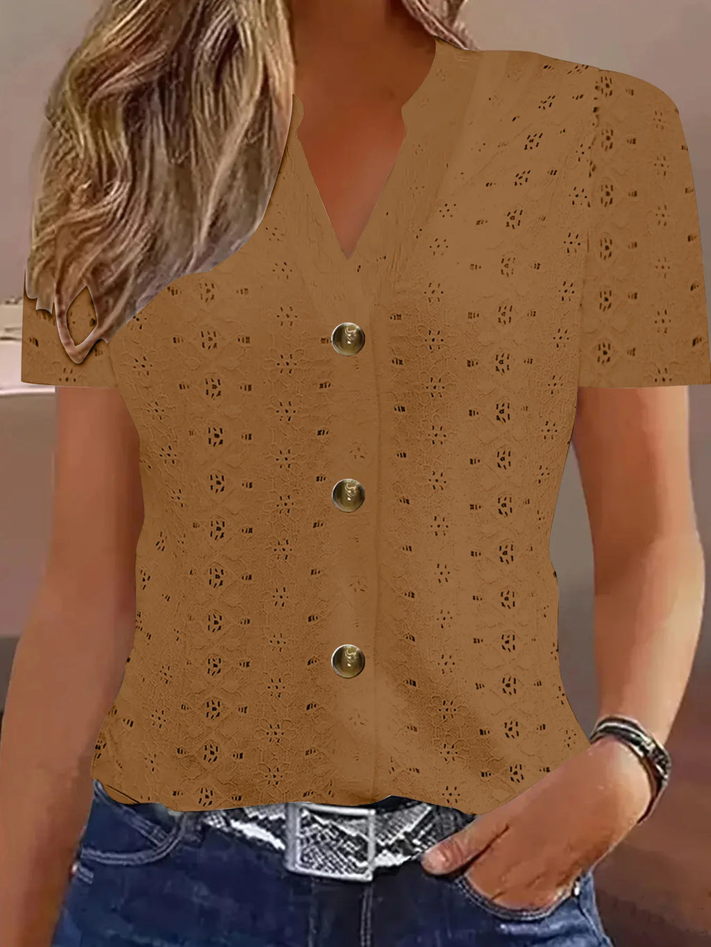 Y2k Tops Women's Summer Blouse Casual V-Neck Button Short Sleeve Tops Elegant Fashion Blouses Casual Loose Solid Colors Shirts - Matrix-studios.com