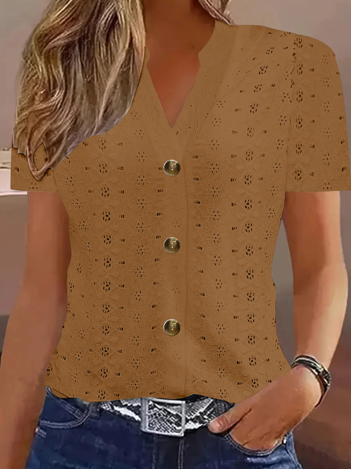 Y2k Tops Women's Summer Blouse Casual V-Neck Button Short Sleeve Tops Elegant Fashion Blouses Casual Loose Solid Colors Shirts - Matrix-studios.com