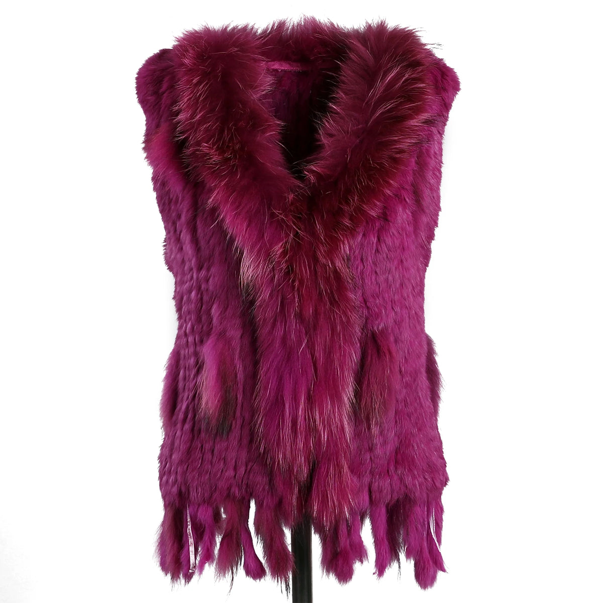 BOONJOVIA Women's 100% Real Rabbit Fur Knitted Vest Raccoon Fur Trim Collar Gilet Lady Fashion Waistcoat For Autumn Winter - Matrix Studios
