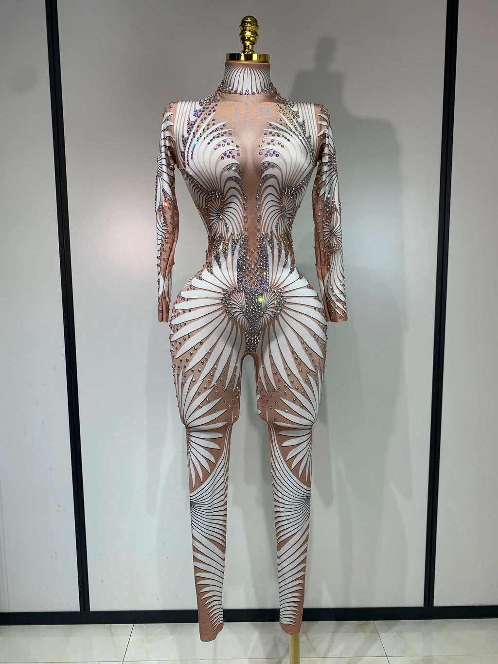 Women Sexy High Stretch Jumpsuit Long Sleeeve Holiday Party Cosplay Costume Nightclub Dancer Outfit Sparkly Diamond Stage Wear - Matrix Studios