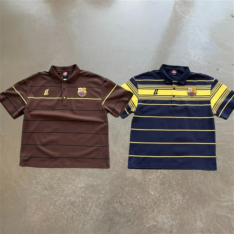 Y2k Retro Harajuku T Shirt Two Color Embroidered Logo Striped Patchwork Barca Polo Shirt Trendy Hiphop Men Women Oversized Tops - Matrix-studios.com