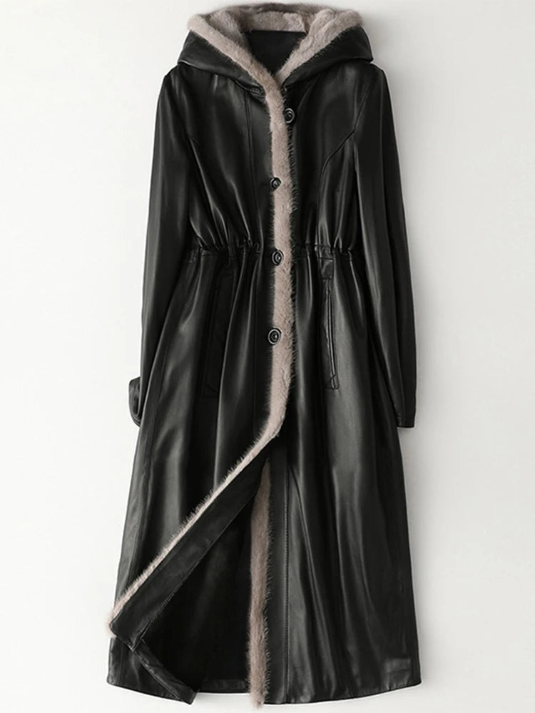Lautaro Winter Long Warm Thick Black Leather Coat Women with Fur Inside Elegant Luxury Faux Fur Lined Jacket Parka Fashion 2021 - Matrix Studios