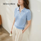 WinvyNee Summer Short Sleeve Women's Solid Polo Collar T-Shirt Casual Cotton Tops Women Clothing Y2k Elegant Knitted A1092079 - Matrix-studios.com