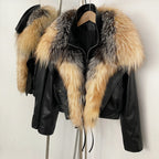 OFTBUY Women's Faux Leather Moto Jacket with Real Fox Fur Collar PU Leather Cropped Biker Coat with Lace-Up New Winter Outerwear - Matrix Studios