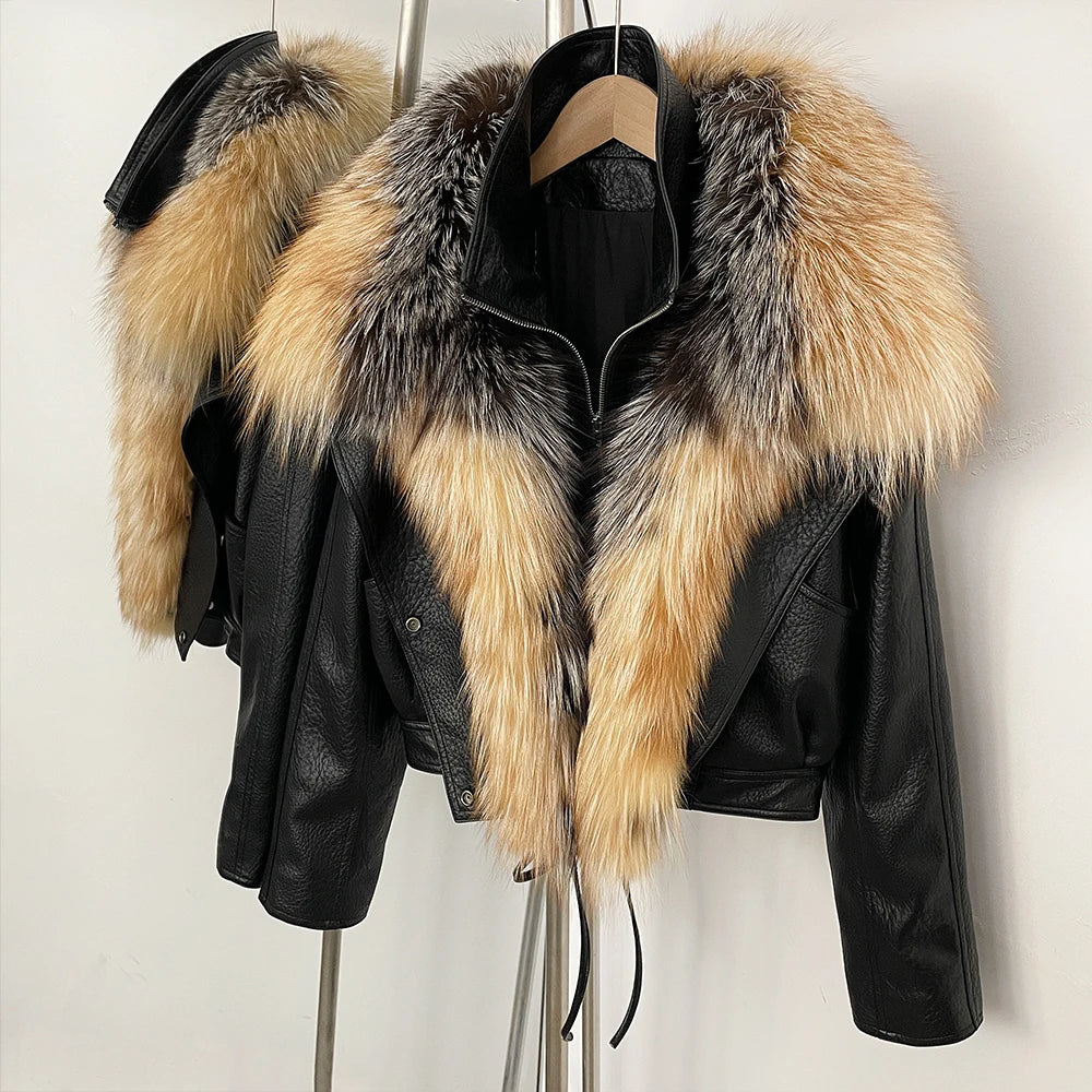 OFTBUY Women's Faux Leather Moto Jacket with Real Fox Fur Collar PU Leather Cropped Biker Coat with Lace-Up New Winter Outerwear - Matrix Studios