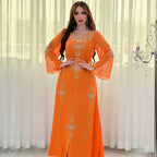 Polyester Muslim Abaya for Women Summer Elegant Orange Blue Pink Green Muslim Women Long Sleeve V-neck Polyester Long Abaya - Matrix-studios.com