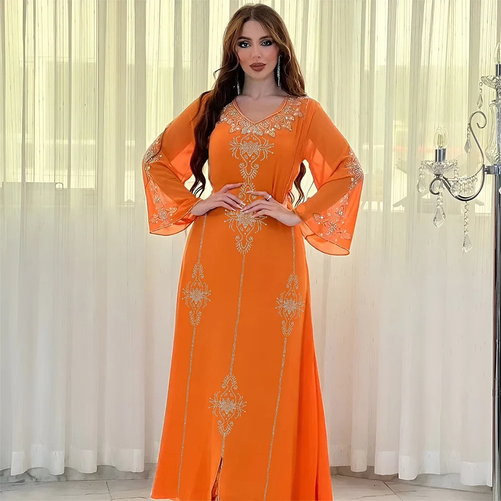 Polyester Muslim Abaya for Women Summer Elegant Orange Blue Pink Green Muslim Women Long Sleeve V-neck Polyester Long Abaya - Matrix-studios.com