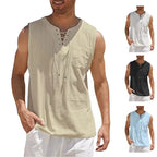 Cotton Linen Shirts Men's Casual Sleeveless Vest Lace Up Shirts Retro V Neck Tank Tops Loose Shirt Male Solid Color Clothes - Matrix Studios