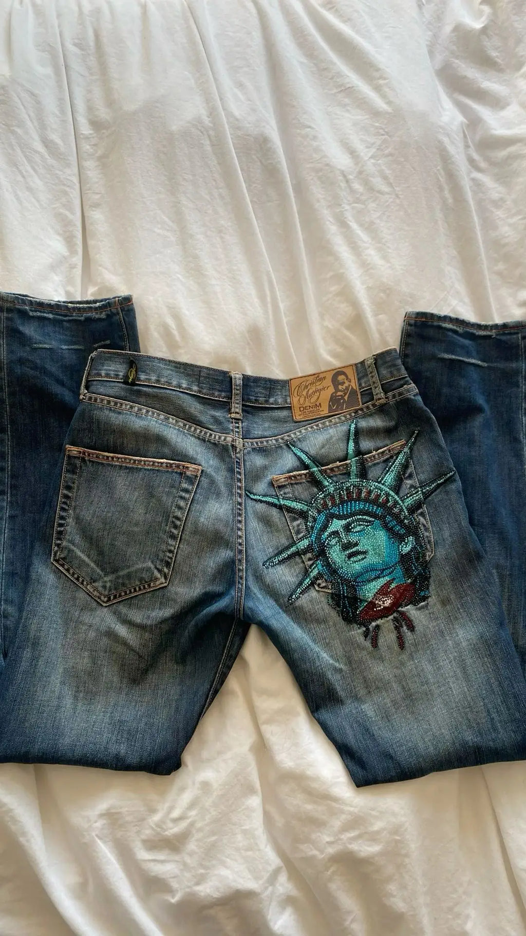 Y2k 2000s Statue of liberty Diamonds Jeans Casual Denim Pants High Waist Straight Wide Leg Jeans Harajuku Vintage Women Clothing - Matrix-studios.com
