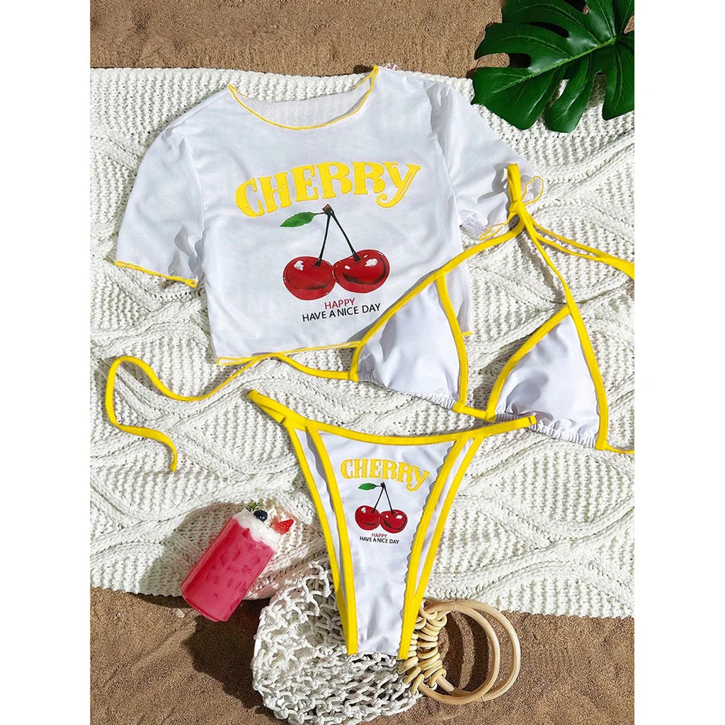 S -XL Cherry Printed Short Sleeve Bikini Female Swimsuit Women Swimwear Three-Pieces Bikini Set Bather Bathing Suit Swim V6854 - Matrix-studios.com