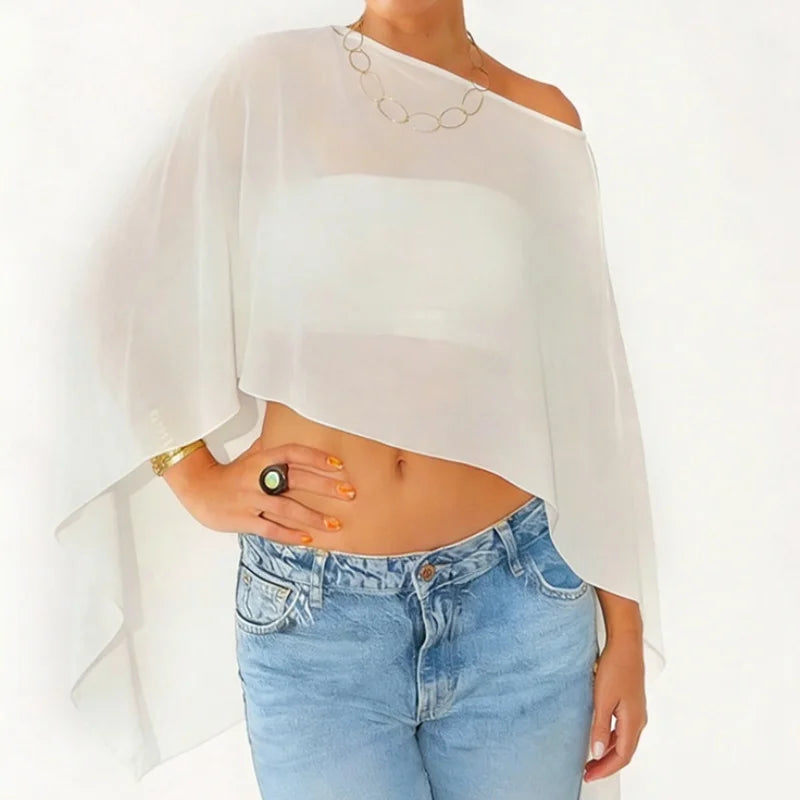 Women Sheer Mesh Poncho Top One Shoulder See Through Cape Blouse Asymmetrical Cover Up Beach Party Shrug Top - Matrix Studios