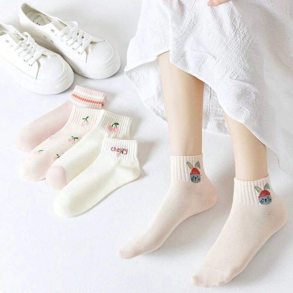 5/10 Pairs Women Striped Ankle Socks Fashionable Breathable Comfortable Spring Summer Cute Pink Fruit Pattern Casual Socks - Matrix Studios