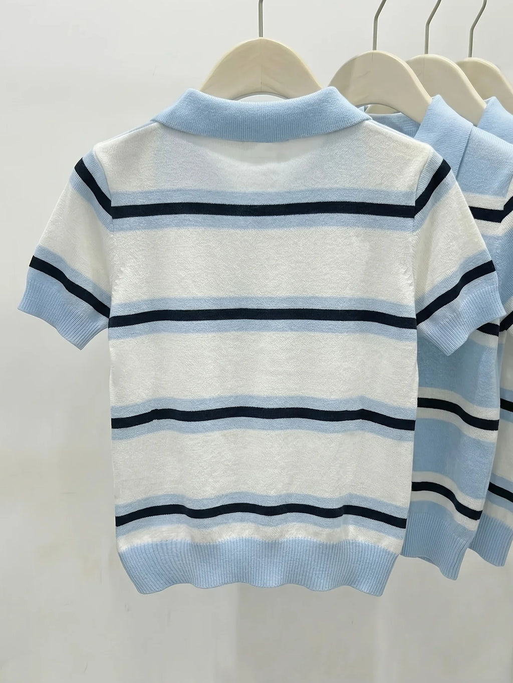 Polo Collar Striped Heart Knit Tee Women White Blue Black Short Sleeve Soft Stretch Sweet Daily Office SlimKnit T Shirt Blouse - Matrix-studios.com