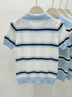 Polo Collar Striped Heart Knit Tee Women White Blue Black Short Sleeve Soft Stretch Sweet Daily Office SlimKnit T Shirt Blouse - Matrix-studios.com