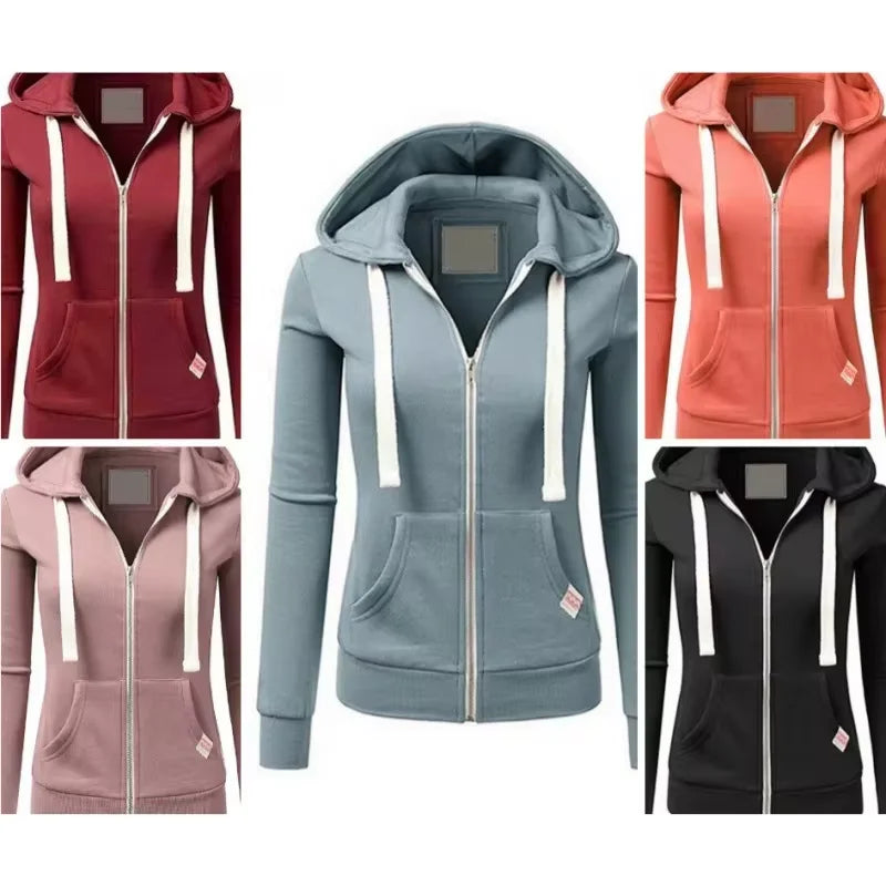 2025 Autumn/Winter New Women Solid Color Fashion Hoodie Long Sleeve Zipper Pocket with Label Outdoor Sports Jogging Clothing - Matrix Studios