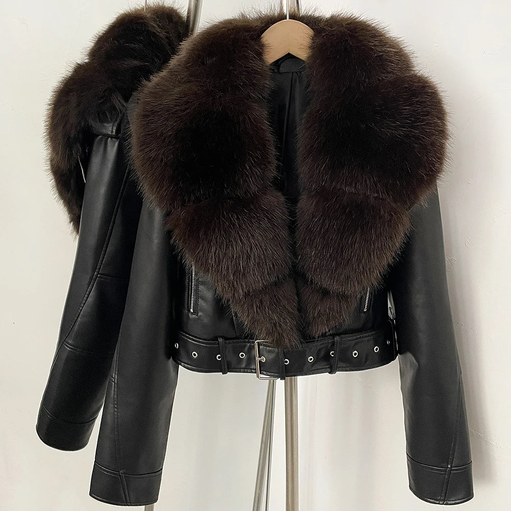 Fur Coat Eco-friendly Long Sleeve Autumn Faux Leather Jacket Short Clothing Female Spring New PU Fur Jacket Artificial Pockets - Matrix Studios