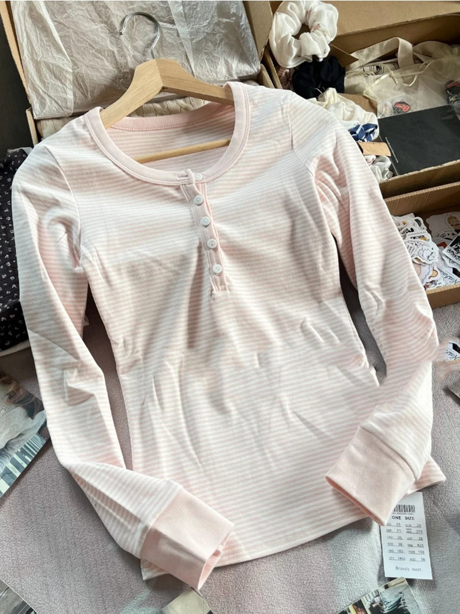 Pink Striped Slim Long Sleeve Tees Women Spring Casual Cotton O-neck Tshirt New Tops Clothes Sweet Cute  Vintage T-shirts Y2K - Matrix-studios.com
