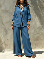 Women 2 Piece Set Contrast Black Piping 3/4 Sleeve Lapel V‑Neck Loose Shirt High Waist Wide Leg Pants Elegant Casual Office Suit - Matrix-studios.com