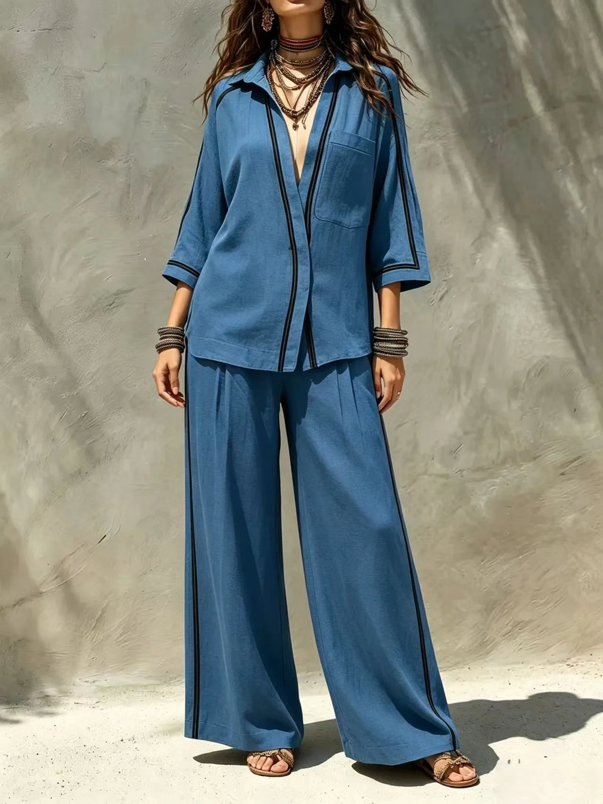 Women 2 Piece Set Contrast Black Piping 3/4 Sleeve Lapel V‑Neck Loose Shirt High Waist Wide Leg Pants Elegant Casual Office Suit - Matrix-studios.com