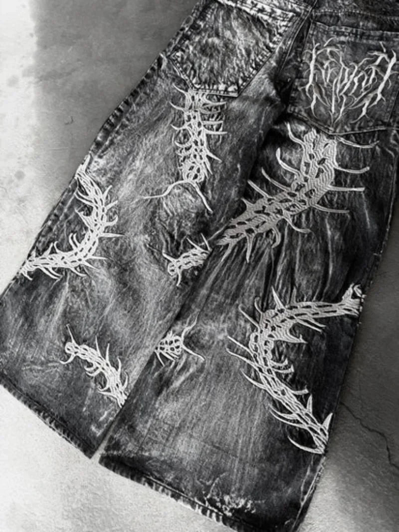 Y2K New Retro Centipede Embroidery Pattern Washed Oversized Wide-Leg Pants Street Gothic Harajuku Floor Pants For Men and Women - Matrix Studios