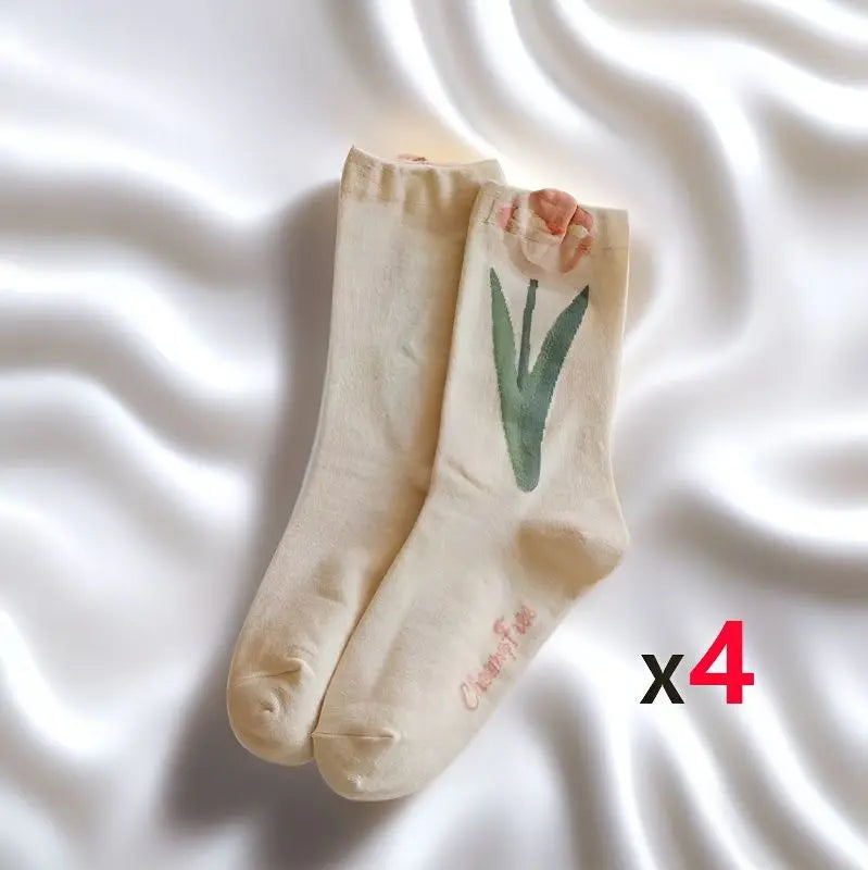 4Pairs Floral Socks Set Women Cute Flower Geometric 3D Textured Ankle Cottagecore Lucky Socks Fashionable Casual Mid Cub Socks - Matrix Studios