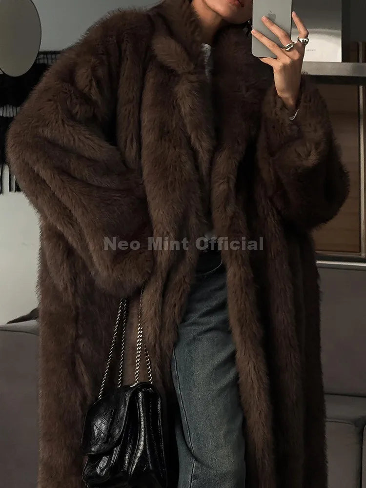 Neo Mint Winter Warm Fluffy Gradient Eco Fur Jacket Women Luxury Long Faux Fox Fur Coat Street Furry Outerwear Overcoat - Matrix Studios