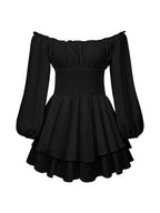 Women's Loose Playsuits Puff Long Sleeve Square Neck Ruffle Short Romper Dress Spring Fall Casual Elegant Overalls - Matrix Studios