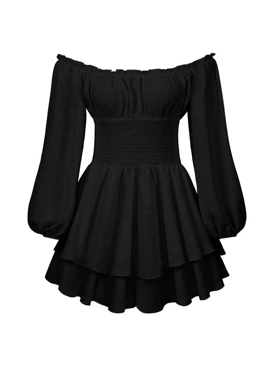 Women's Loose Playsuits Puff Long Sleeve Square Neck Ruffle Short Romper Dress Spring Fall Casual Elegant Overalls - Matrix Studios