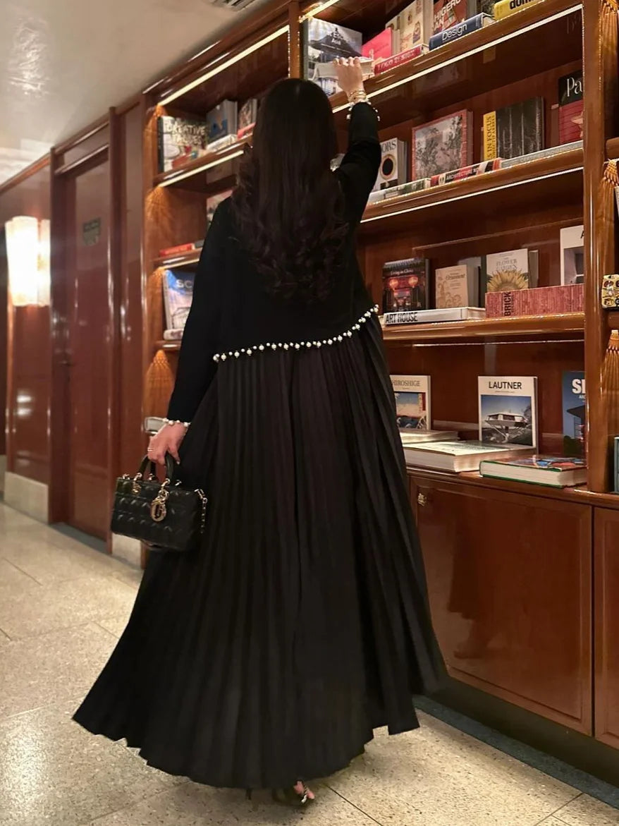 Eid Muslim Pearl Abaya for Women Beading Ramadan Cardigan Pleated Long Dress Morocco Kaftan Long Abayas Dubai Robe Jalabiya 2024 - Matrix-studios.com
