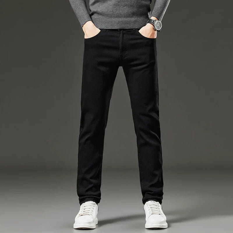 Men's autumn and winter hot jeans elastic small straight leg pants black gray micro elastic zipper fashionable versatile jeans - Matrix Studios