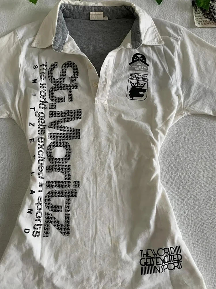 Y2K Japanese Streetwear Polo Shirt Women Slim Crop Tee 2025 White Short Sleeve Tops Letter Badge Houndstooth Vintage Harajuku - Matrix-studios.com