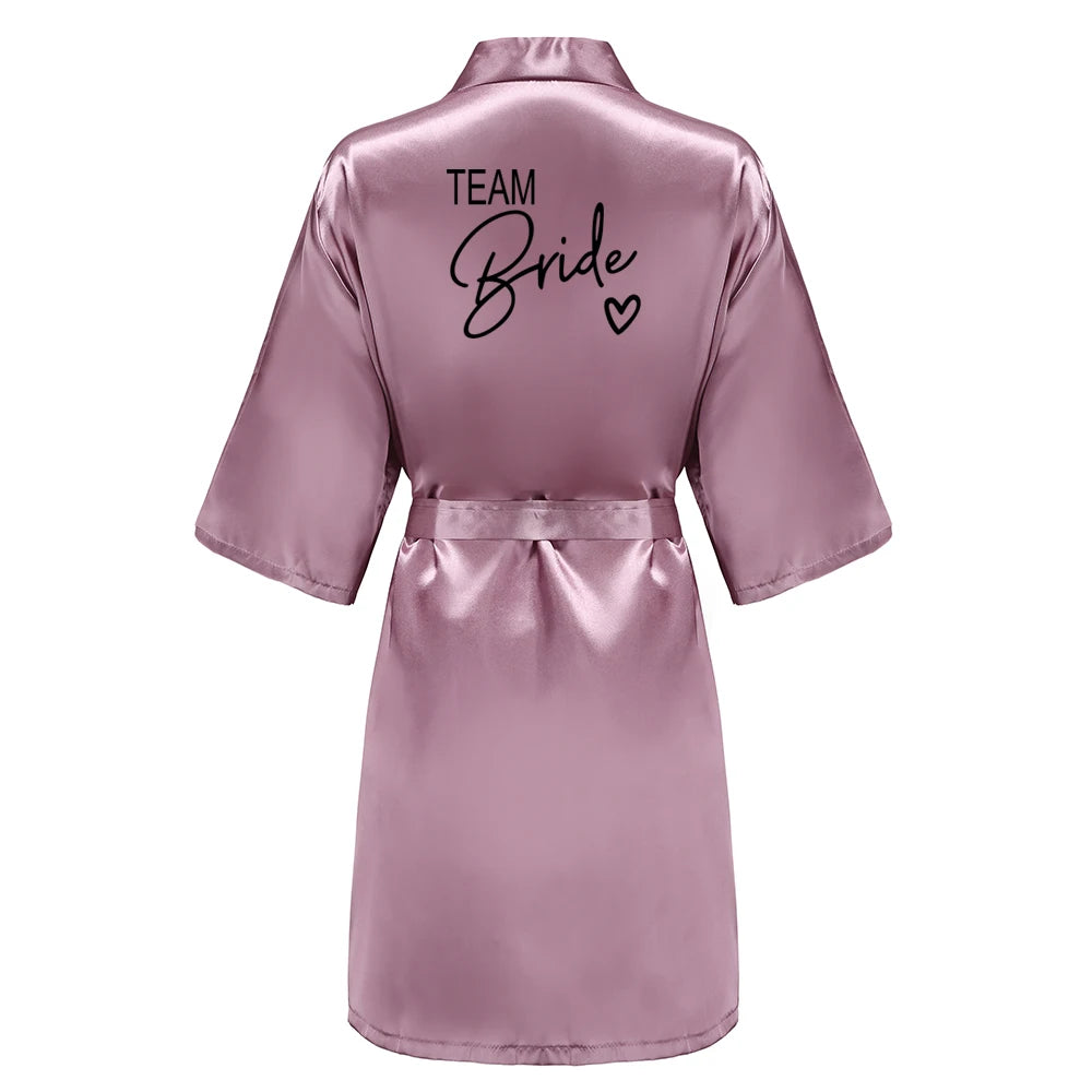Wedding Party Team Bride Robe With Black Letters Kimono Satin Pajamas Bridesmaid Bathrobe SP003 - Matrix-studios.com