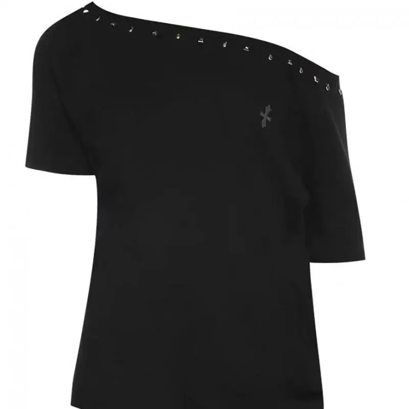 Seeslim Black Off Shoulder Cross Women's T-shirt Short Sleeve 2000s Clothes Y2k Summer Tops Tees Female Clothing Chic Vintage - Matrix-studios.com