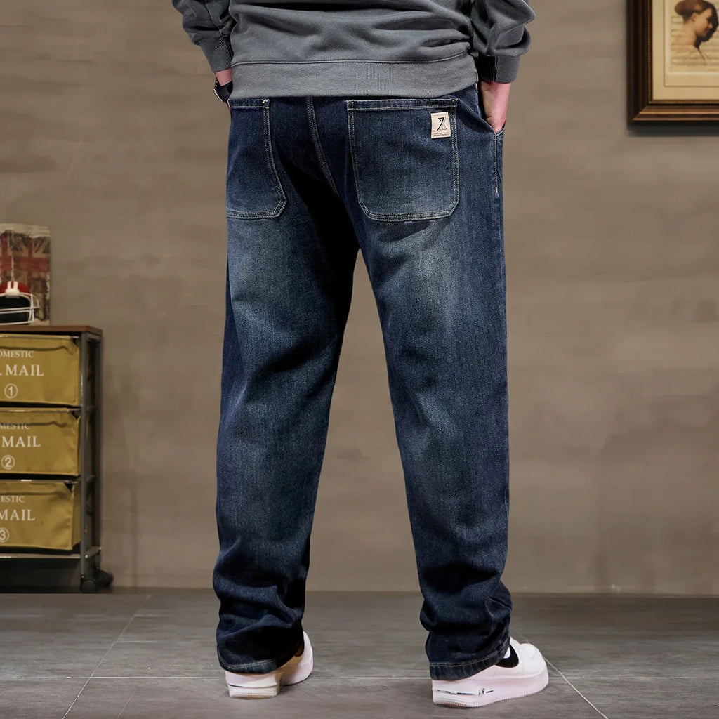 Extra Big Size Jeans Men High Elastic Waist Baggy Denim Pant Male Plus Large Loose Slim Fit Cowboy Trouser 8XL 6XL Classic Black - Matrix Studios