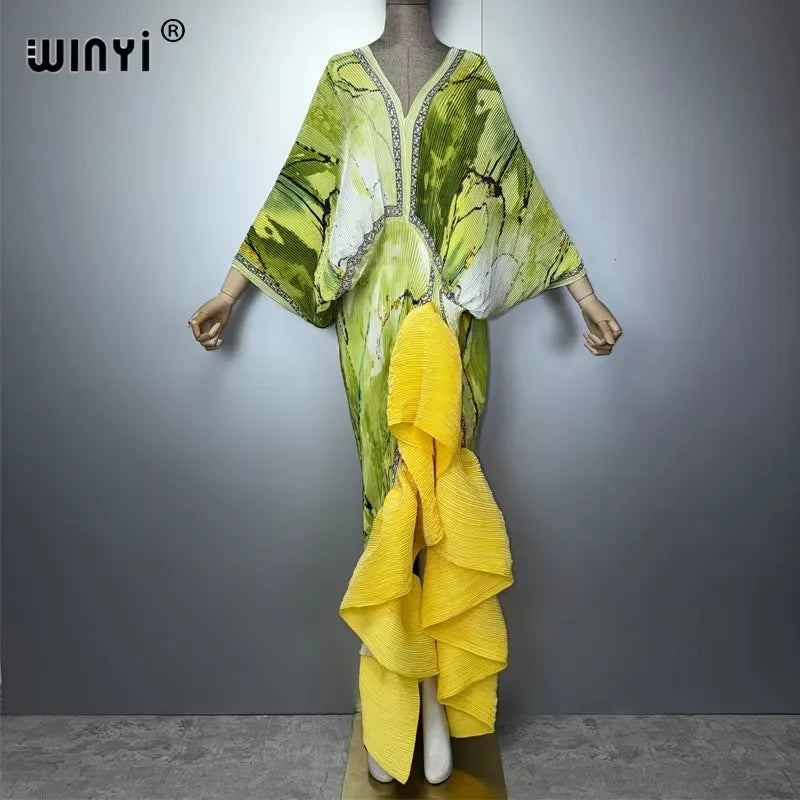 WINYI Women's Pleated Slim Dress with High Fork Fashion Beach Cover Up Muslim Kaftan Abaya Dubai Luxury Long Evening Dress - Matrix-studios.com