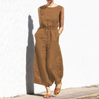 Cotton And Linen Jumpsuit Women Solid Color Sleeveless Pocket High Waist Wide Legs Jumpsuits Casual Commuting Ladies Bodysuits - Matrix Studios