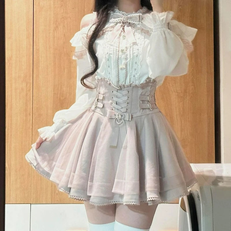 2026 Japanese Kawaii Short Skirt Sets Sweet Ruffles Off Shoulder Bow Shirt Gown Faldas Y2k Aesthetic Mini Skirts Lolita Full Set - Matrix-studios.com