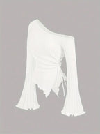 Women's Off-Shoulder Cross Long-Sleeved Slim Fit T-Shirt Asymmetrical Street Style Casual Elegant Top with Trumpet Sleeves - Matrix-studios.com
