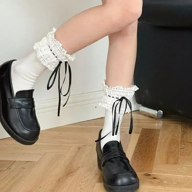 Lolita Over Knee-high Socks Cotton Sweet Lace Bow Ribbon Kawaii Calf-length Socks Thigh-high Stockings JK Cosplay Accessories - Matrix Studios