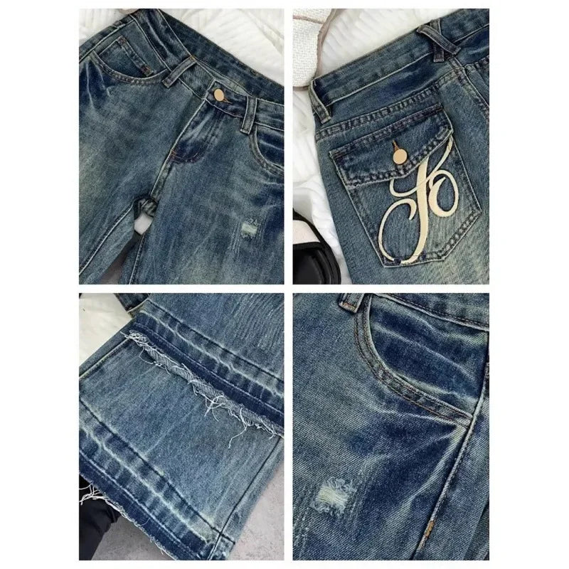 American retro low-waisted jeans female autumn new embroidery old casual fashion temperament slim Joker bell bottoms. - Matrix-studios.com