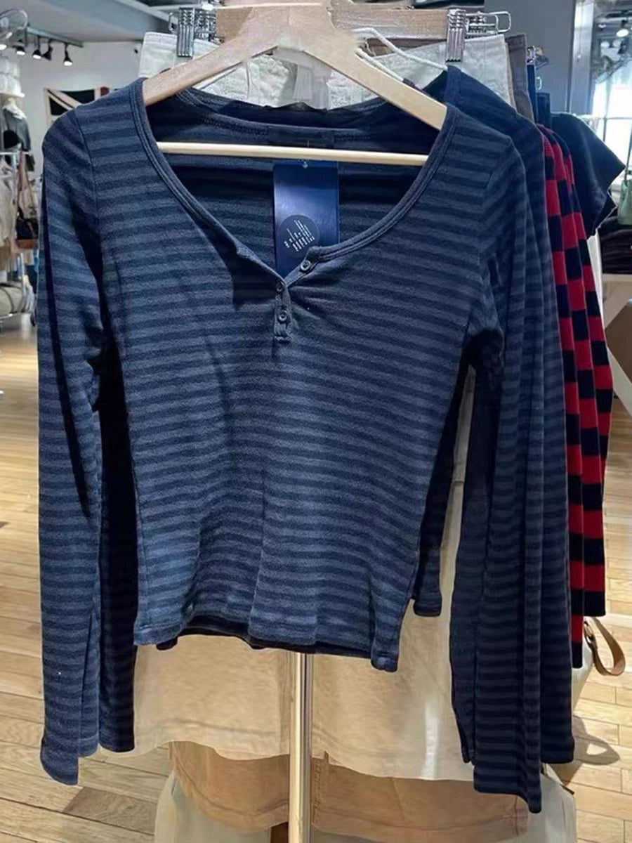 Pink Striped Slim Long Sleeve Tees Women Spring Casual Cotton O-neck Tshirt New Tops Clothes Sweet Cute  Vintage T-shirts Y2K - Matrix-studios.com