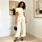 Women Pant Set Two Piece Sets Round Neck Short Sleeve Coats Tops Wide Leg Long Pants High Waist Y2k Streetwear Elegant 2026 - Matrix-studios.com