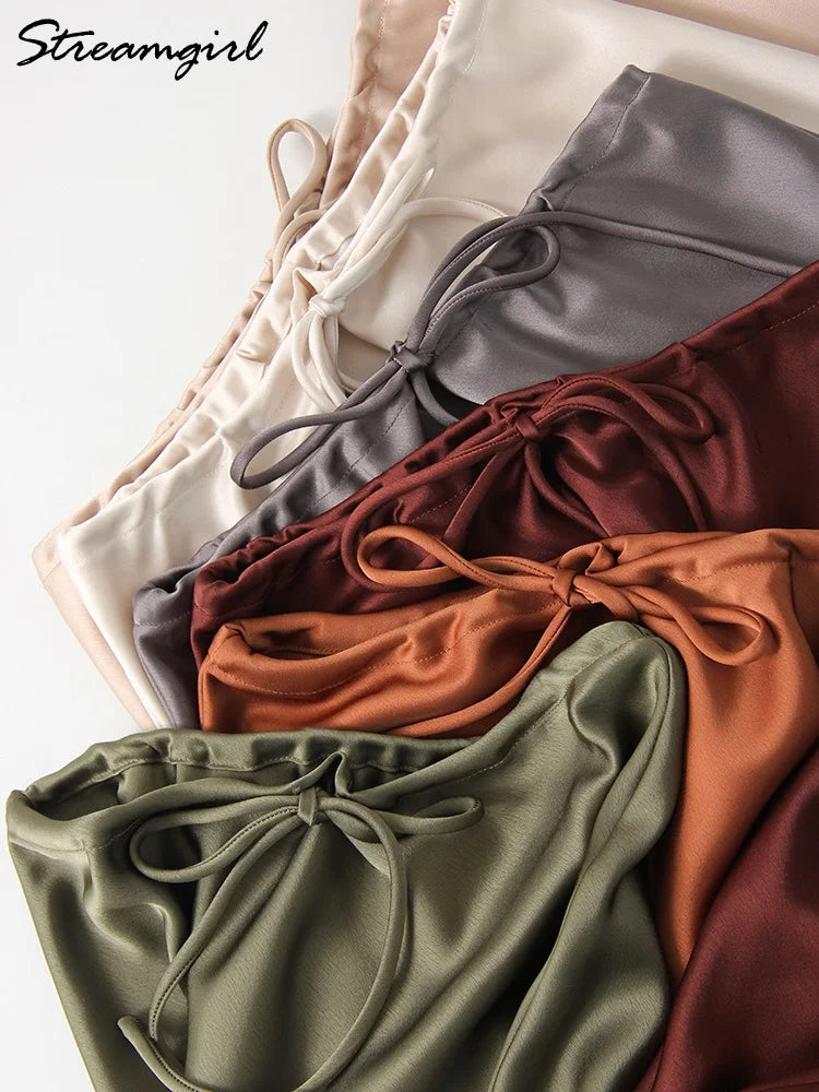 Brown Long Satin Skirts Women Luxury Maxi Autumn Summer High Waist Silk Black Skirt Long Straight Shining Beige Satin Skirt Maxi - Matrix-studios.com