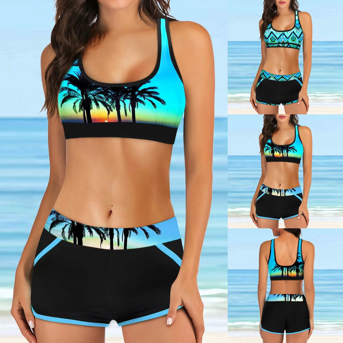 Hawaiian Print Split Swimsuit Two Piece Sets For Woman Sporty Tankini Bikini Swim Tank Top+Bikinibottom Shorts Beachwear - Matrix-studios.com