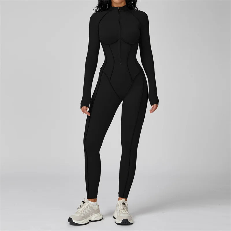 TRY TO BN Gym Jumpsuit Half Zipper Sports Stripe Fitness Bodysuit One-Piece Workout Activewear Tights Woman Suits Yoga Clothing - Matrix Studios