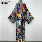 WINYI Catwalk Kimono Women Printed bubble hem coat Long Sleeve Cardigan abaya dubai luxury beachwear Cover Up boho dress Caftan - Matrix-studios.com