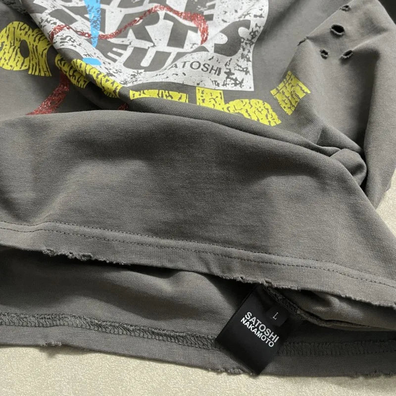 Vinatge Washed Distressed Hole SATOSHI Tshirt Crack Fading Print Short Sleeve Hiphop Streetwear Cotton Round Neck Tops Men Women - Matrix-studios.com